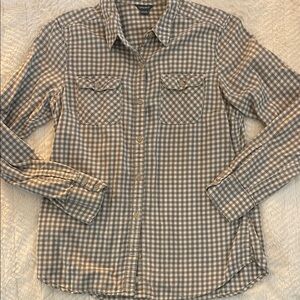 Eddie Bauer Women's Checkered Button Down Shirt - Gray and White